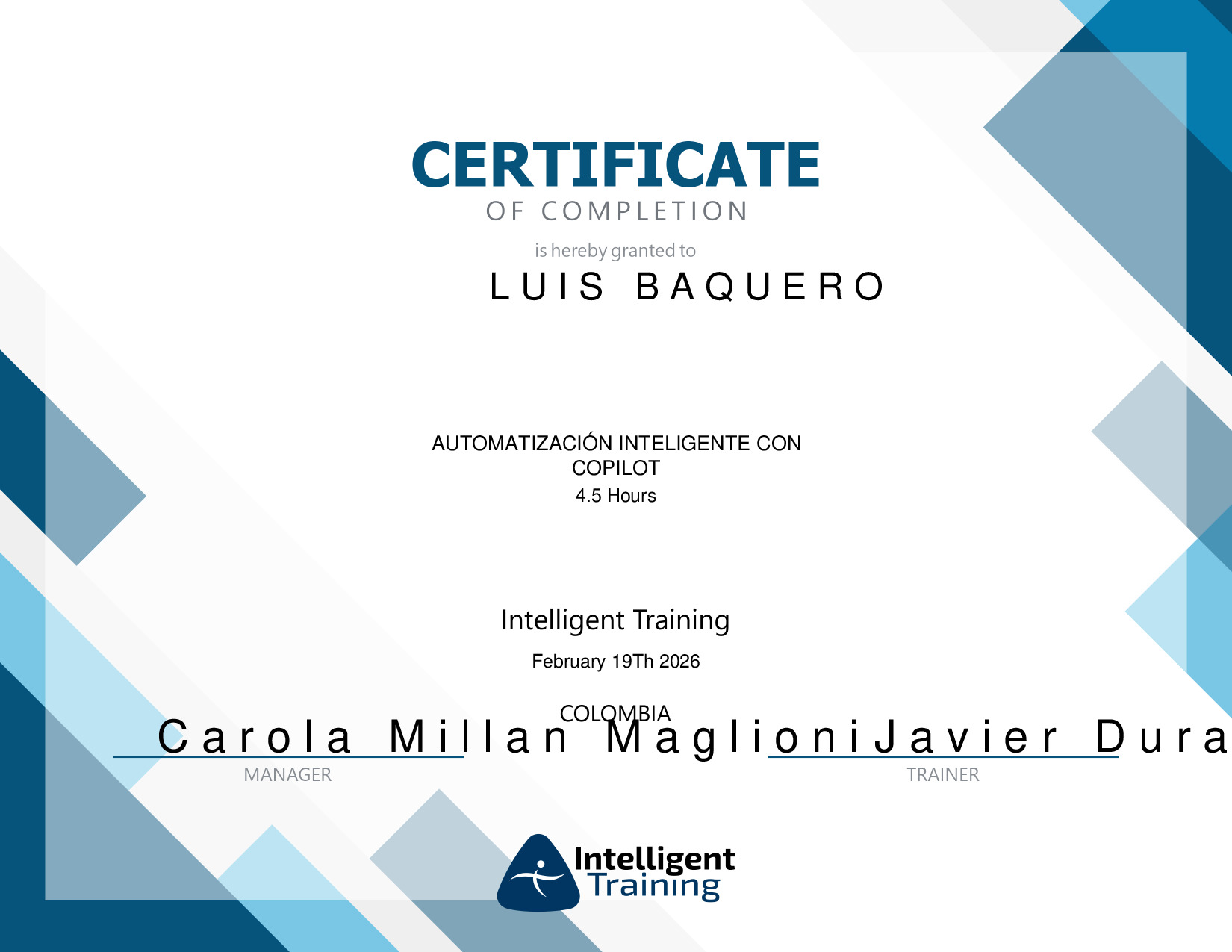 Vista previa del certificado de Luis Baquero