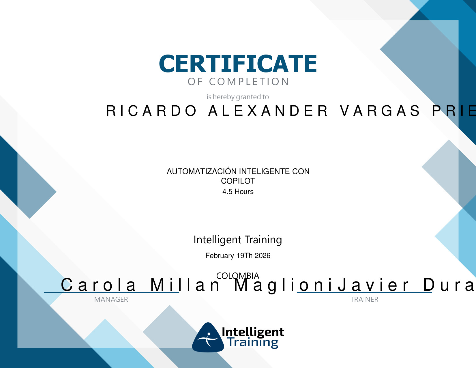 Vista previa del certificado de Ricardo Alexander Vargas Prieto